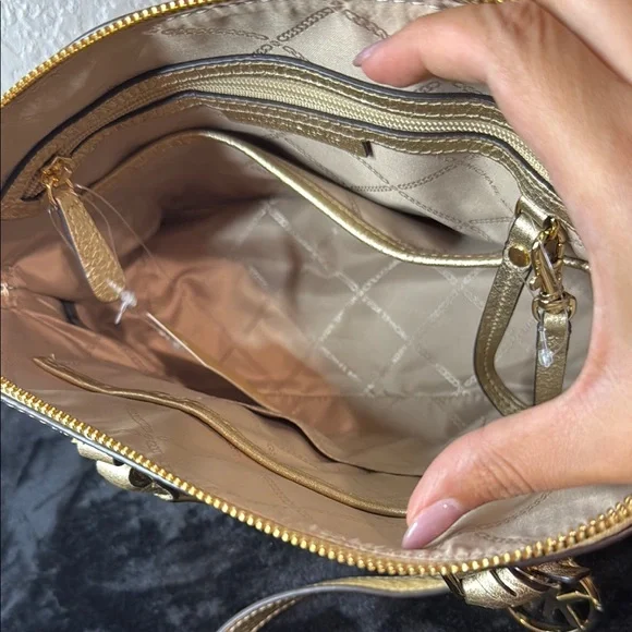 Brand New! Michael Kors Gold Leather Satchel with Dome Shape and Crossbody Strap